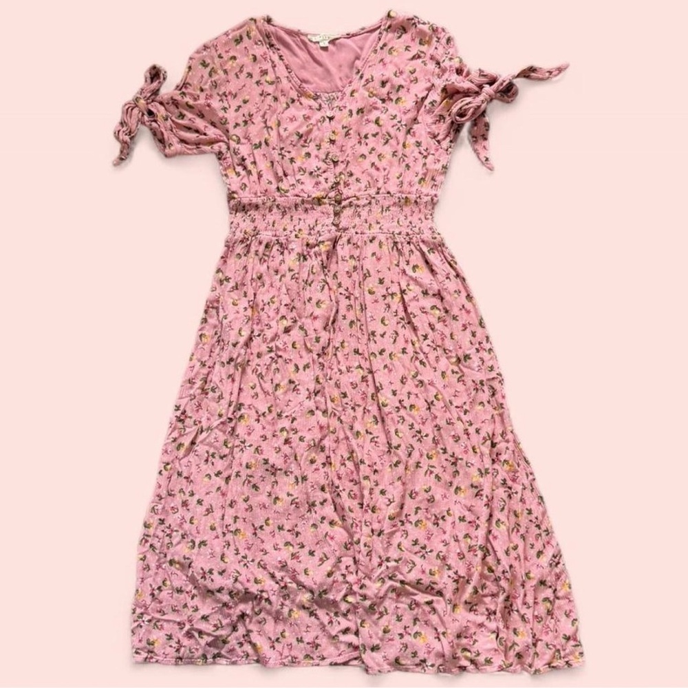 Reborn J Pink Crinkled Gauze Floral Midi Dress with Tie Sleeves Cottagecore M